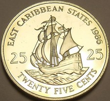 Rare Proof East Caribbean States 1986 25 Cents~2,500 Minted~The Golden Hind~Fr/S