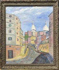 Paris Montmartre Cityscape Street Antique Original Oil Painting, Framed