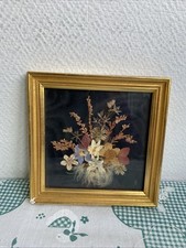 Ancien Petit Cadre Fleur Séchée Signe Lb Deco Carré Vintage 