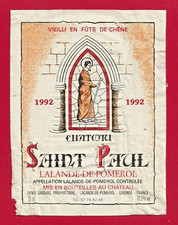 91 37 Etiquette BORDEAUX Lalande de Pomerol Château Saint Paul 1992 D.  SANDIAS