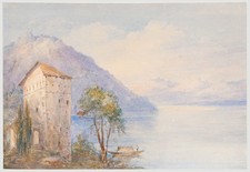 école italienne début XXe siècle aquarelle - vue sur le lac