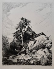 Nicolas Sicard (1840 ?-1920) Cuirassier et son cheval Eau-forte originale