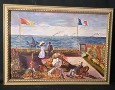 Tableau huile élégants en bord de mer Deauville signé XXème