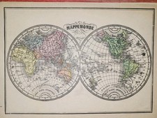 Carte ancienne XIXe - Mappemonde Gravure colorié. 1880