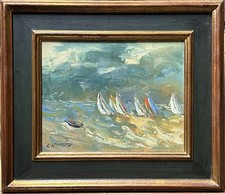 Antique Seascape Yacht Boats Marine Oil Painting on Hardwood, Signed Framed