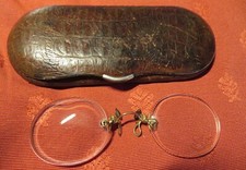PINCE-NEZ plaqué OR ancien - ETUI métal & CUIR brun façon croco années 1900
