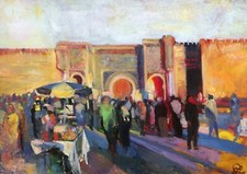 Tableau encadré paysage orientaliste Maroc Meknès Bab Mansour Patrice LANDAUER