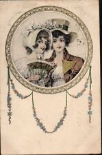 BD093 VIENNE Style COUPLE of BEAUTIFUL LADIES WOMEN in FRAME HAT FAN 1907