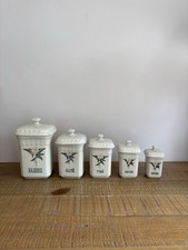 Série De 5 Pots À Épices En Faïence Fleurie Jaune Blanc Rétro Vintage