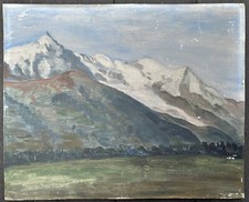Tableau Ancien Huile Paysage de Montagnes Neige XXe à restaurer