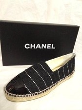 CHANEL 15S 2015 Classic Tweed Patent Cap Toe CC Logo Espadrilles Flats Shoes