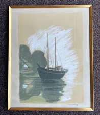 GUSTAV RUDBERG 1915-2001 PAYSAGE CÔTIER MAISONS DE PÊCHEURS BATEAU À VOILE SUÈDE