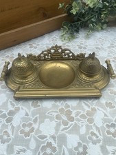Encrier ancien bureau double laiton massif Napoléon III XIXe rare