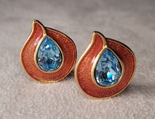 YVES SAINT LAURENT EARRING clip d'oreille cristaux bleu et email orange  signé