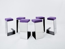 Set de 6 tabourets de bar fer forgé acier poli laine bouclé 1970