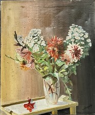 Tableau Vintage Fleurs Dans Un Vase Hst Signée 