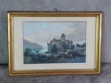 GRAVURE COULEURS, ancienne, encadrée; LE CHÂTEAU DE CHILLON (Suisse).