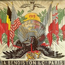 Tableau tissé Pub Benoiston 1919 armistice WW1 drapeaux Alliés tissu Neyret