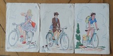 3 Cartes Postales Anciennes Illustrateur Femme Vélo Bicyclette