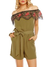 Combinaison Femme Grenouillère Global Kaki Cou Bateau Volants Dentelle Macramé