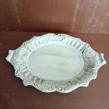 Grand Plat En Barbotine Ovale Beige, Plateau De Soupière Vintage