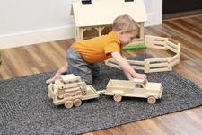 AmishToyBox.com Wooden Toy Pickup Truck and Flatbed Trailer with Skidloader Set