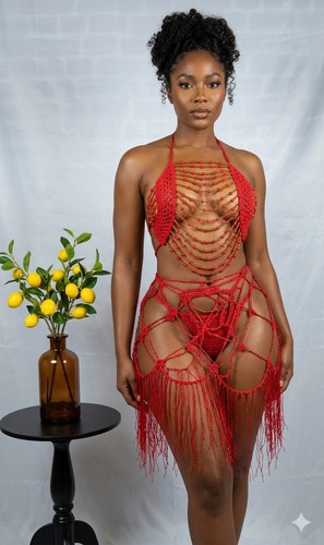 Red beaded crochet lingerie - red,