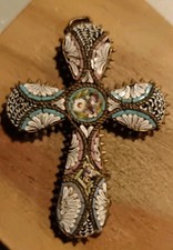 Médaille Religieuse Ancienne Crucifix Micro Mosaïque Jésus Christ Belliere Cassé