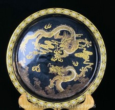 7" Qianlong Marked Black Glaze Porcelain Gilt Dragon Pattern Plate Dish Tray