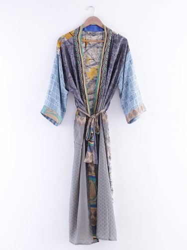 Peignoir kimono soie bleu - kimono,
