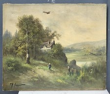 Tableau Ancien Huile Paysage Arbres  Rivière Personnage Linsyer Th (XIXe-XXe)