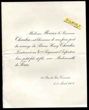 2 faire-part Mariage Mr.le Baron Henry Chaulin avec Mlle de Foras.Thonon / Paris
