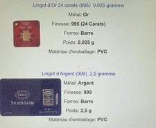Lingot d’Or 24 carats 0,025 g + Lingot d’Argent (999) 2,5 g