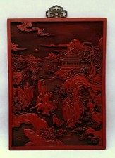 red lacquered Chinese rectangular plate with characters and landscapes