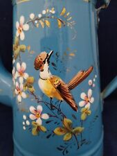 Cafetière en Tôle Emaillée Ancienne Décor en Relief Oiseau Fleurs,  Anse rivetée