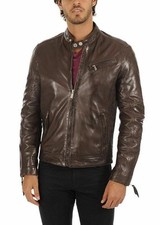 Blouson motard homme élégant marron 100 % cuir véritable veste moto vintage