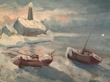 Très Belle Peinture Huile Panneau Carton Hsp Debut XXe Maison Neige Mer Bateau
