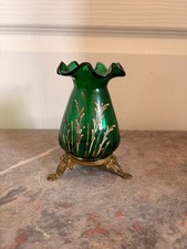 Ancien Vase Vert Verre Soufflé Doré Art Nouveau Laiton Doré