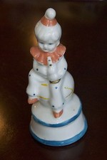 VINTAGE CHILD CLOWN FIGURINE SOPHIA ANN PORCELAIN SITTING BALL HORN MUSIC 6.5"H