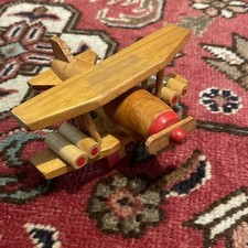 Avion Biplan bois peint Jouet ancien c C 1950 Rarissime !