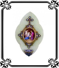 Vintage Antique French Marble Holy Water Font Cloisonne Enamel Virgin Mary