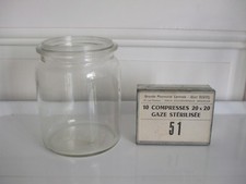 VINTAGE ANCIEN  BOCAL  POT VERRE BLANC BOITE A COMPRESSES  FER METAL PHARMACIE