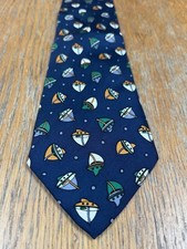 Authentique Cravate en soie Vintage CABOUCHON bleue avec dessins de bateaux