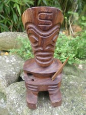 Grand TIKI Polynésie Française bois sculpté manque une lance 22cm de haut bon ét