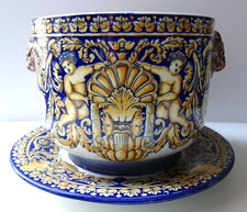 Faience Gien cache pot et son dormant Renaissance anses Tête de Bélier XIXe