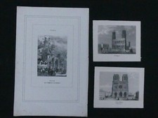 Lot de 3 Gravures Anciennes Paris cathédrales Notre Dame St Sulpice St Germain