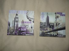 Lot 2 cadres toile déco Londres & New-York nuances violet sépia 20x20 cm neufs