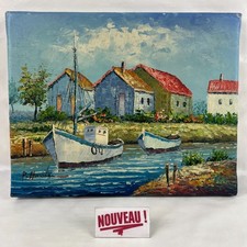 ➜PETIT TABLEAU PEINTURE À L'HUILE SIGNÉ paysage marin/maritime bateaux/rivière