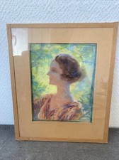 Ancien petit cadre dessin femme pastel craie grasse ? Deco couleur rétro 