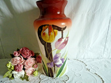 Ancien grand vase opaline émaillée peint main décor tulipes 32cm